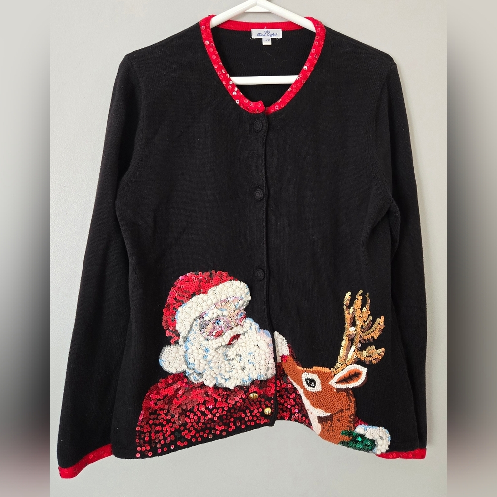 Vintage Hand-Crafted Santa‎ and Rudolph Christmas Cardigan Black & Red Size M